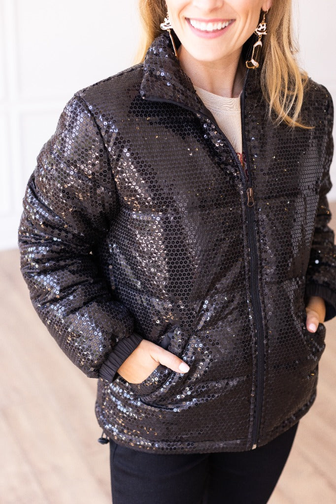 FINAL SALE - The Bring The Sparkle Sequin Puffer Coat - Black