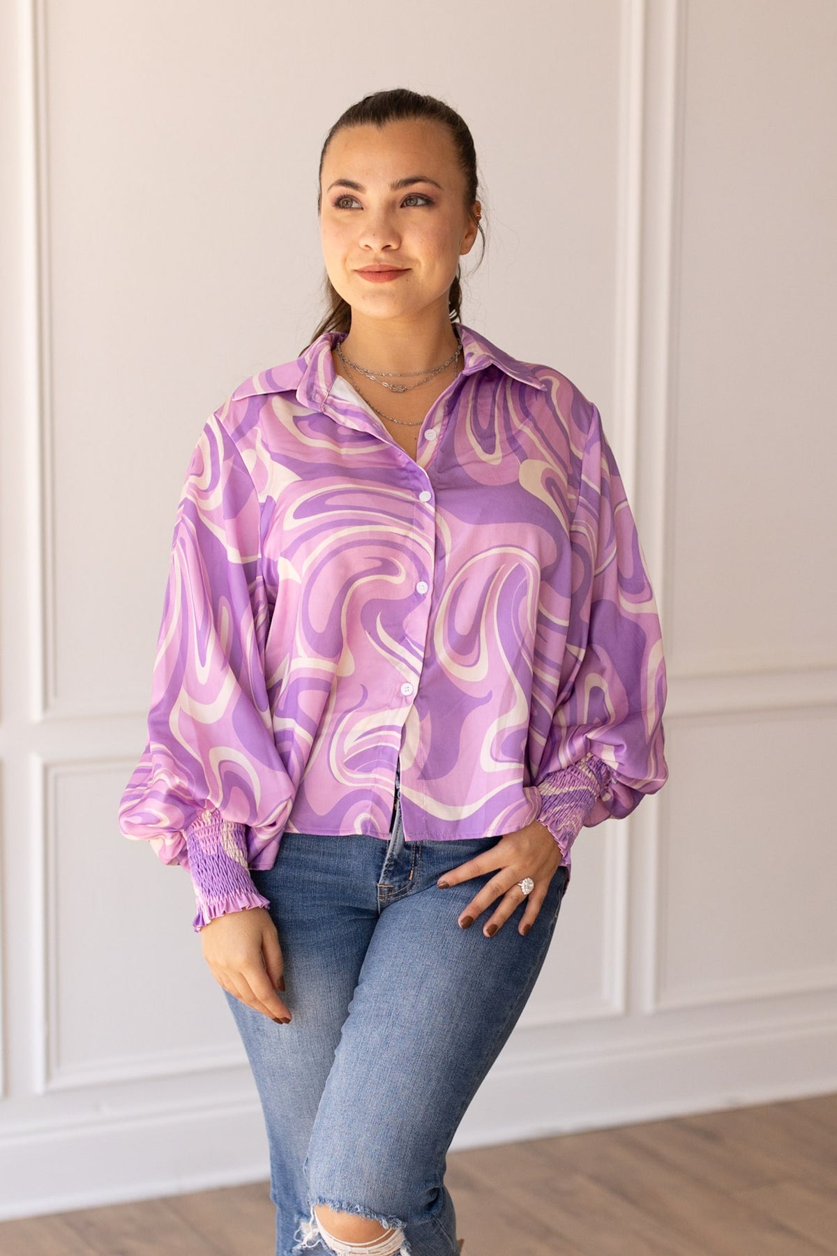 FINAL SALE - The Retro Reverie Balloon Sleeve Blouse - Purple Satin