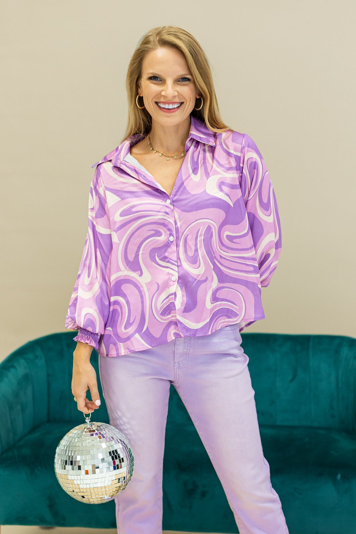 FINAL SALE - The Retro Reverie Balloon Sleeve Blouse - Purple Satin
