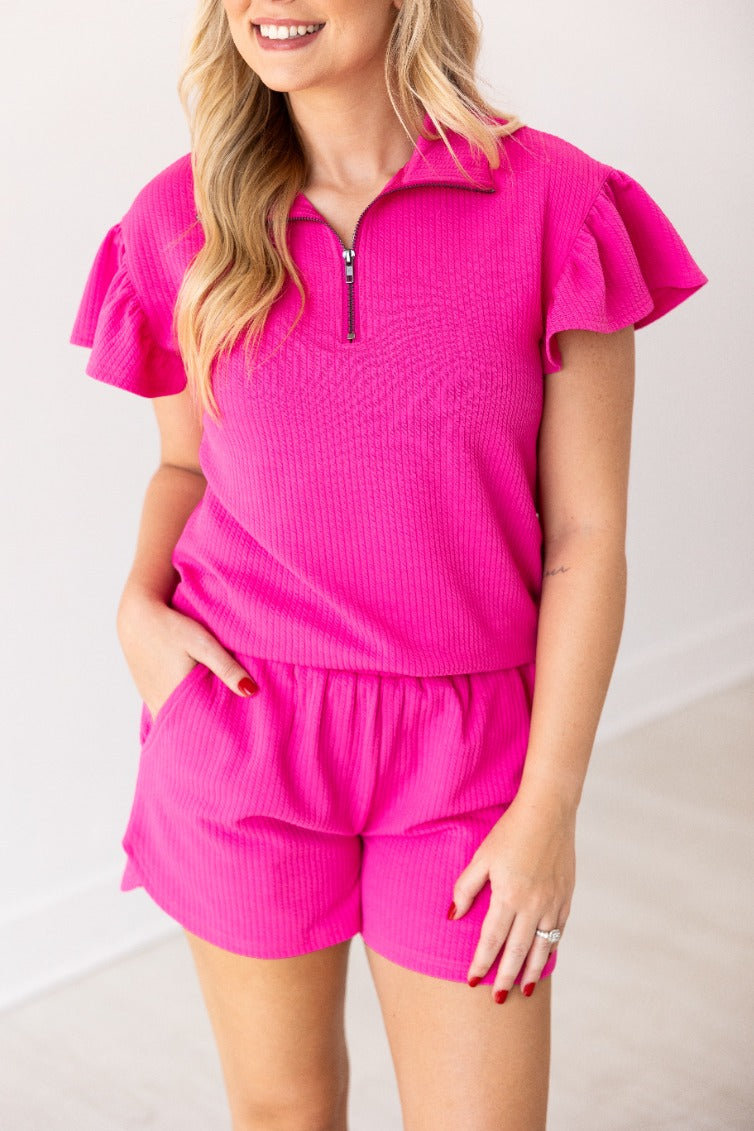 FINAL SALE - The Halee Quarter Zip w/ Flutter Sleeves - Hot Pink