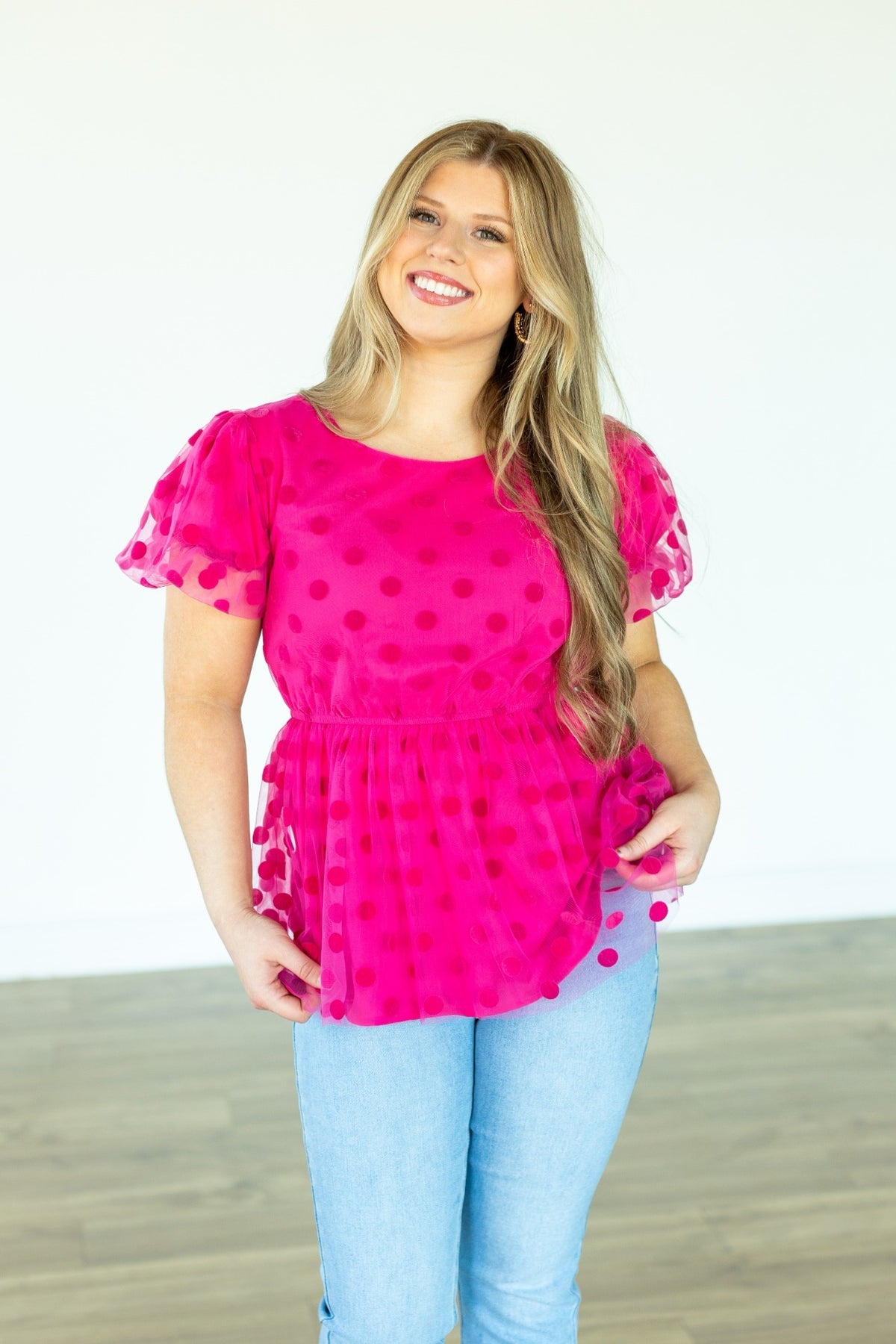 FINAL SALE - The Pink Promise Dot Mesh Peplum Top