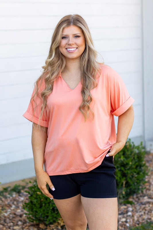 FINAL SALE - The Cara Collared Top - Coral