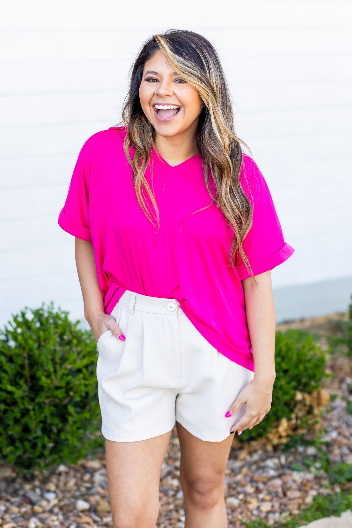 FINAL SALE - The Cara Collared Top - Hot Pink