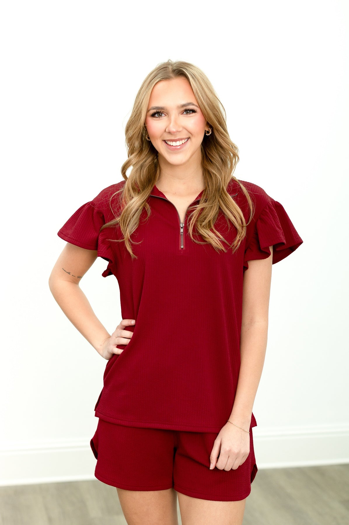 The Halee Quarter Zip w/ Flutter Sleeves - Maroon