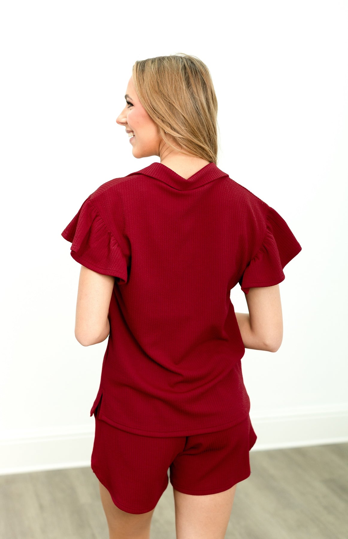 The Halee Quarter Zip w/ Flutter Sleeves - Maroon