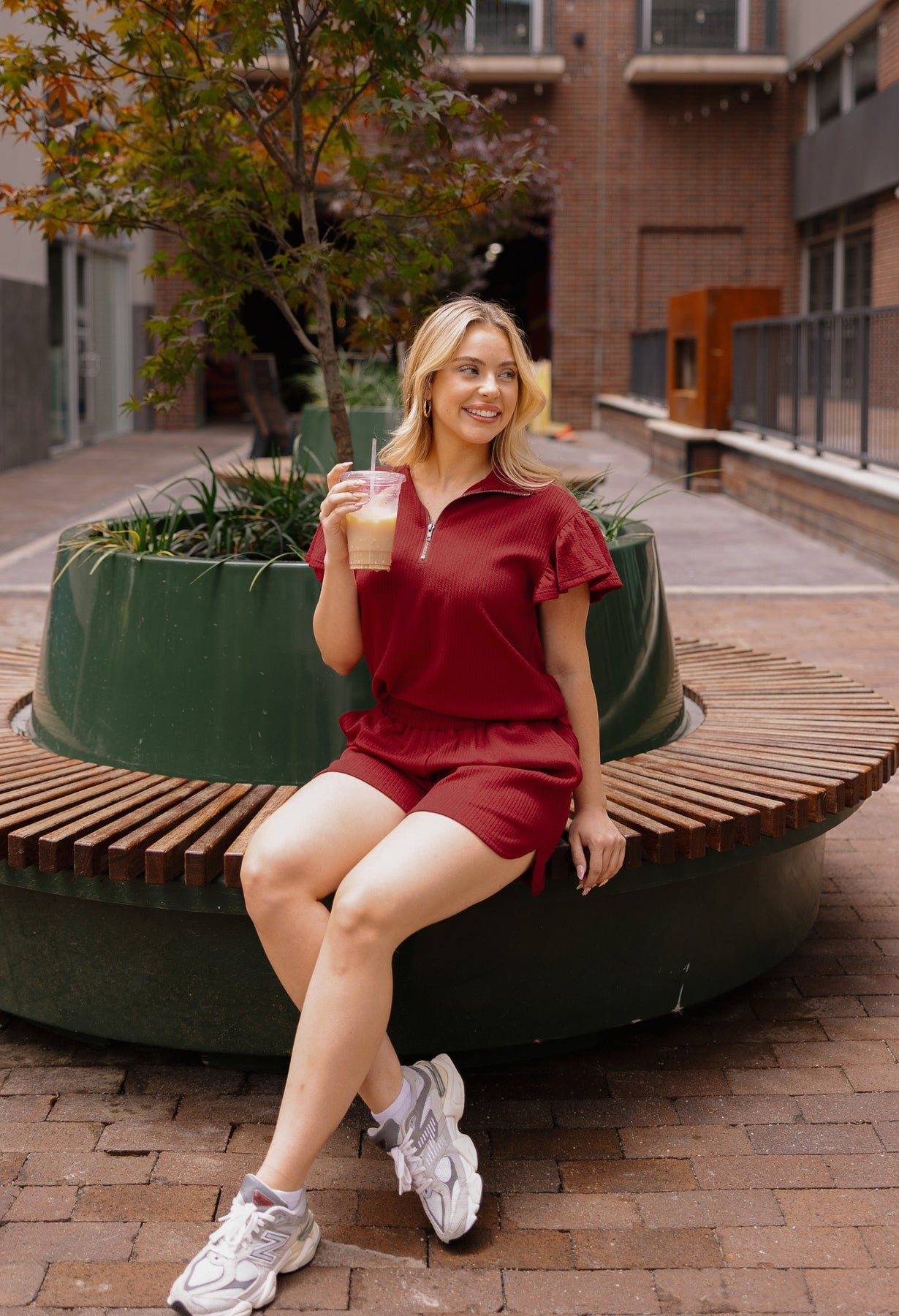 The Halee Quarter Zip w/ Flutter Sleeves - Maroon