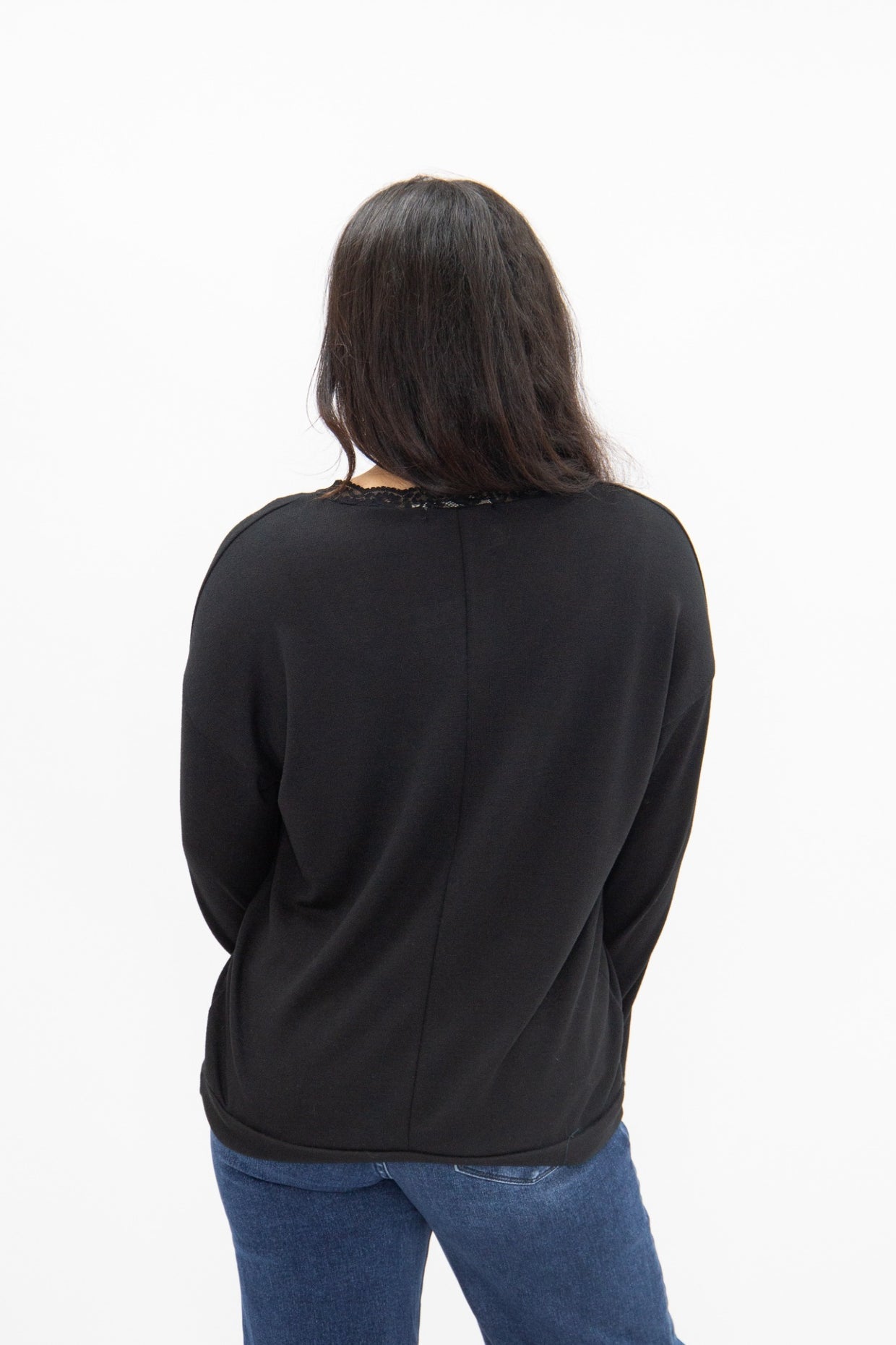 The Carlie V-Neck Lace Trim Top - Black