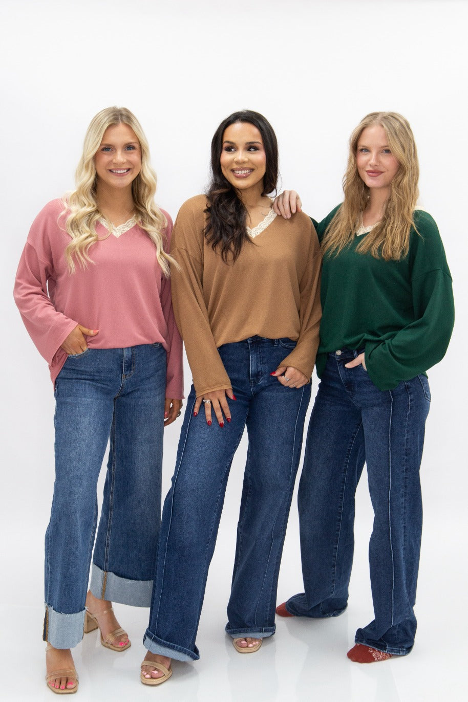 The Carlie V-Neck Lace Trim Top - Brown