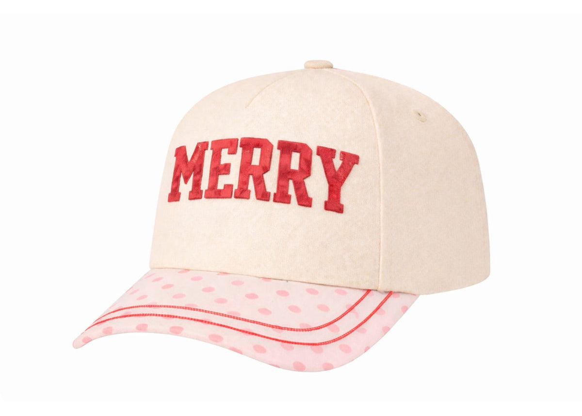 The "MERRY "on Tan/Pink Polka Dot Cap with Puff Embroidery