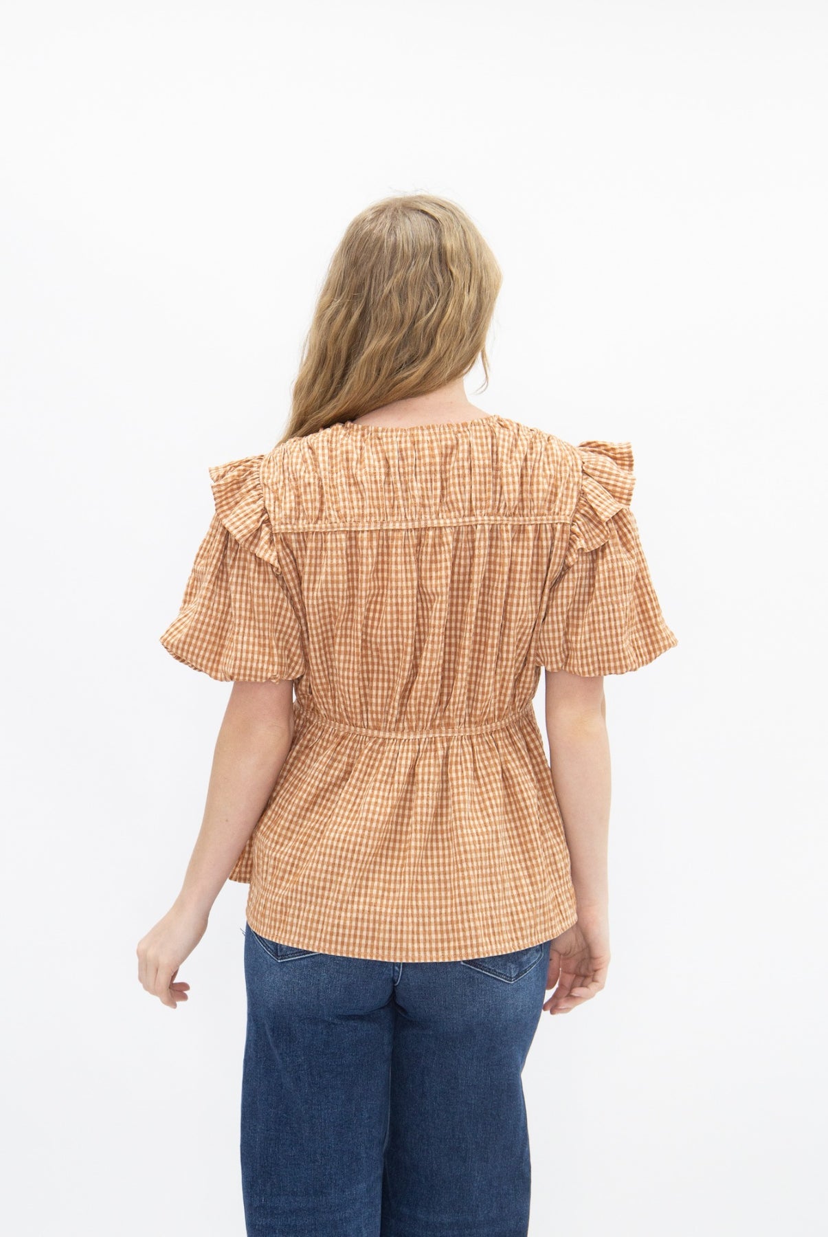 The Annalee Puff Sleeve Tie Front Blouse - Brown Gingham