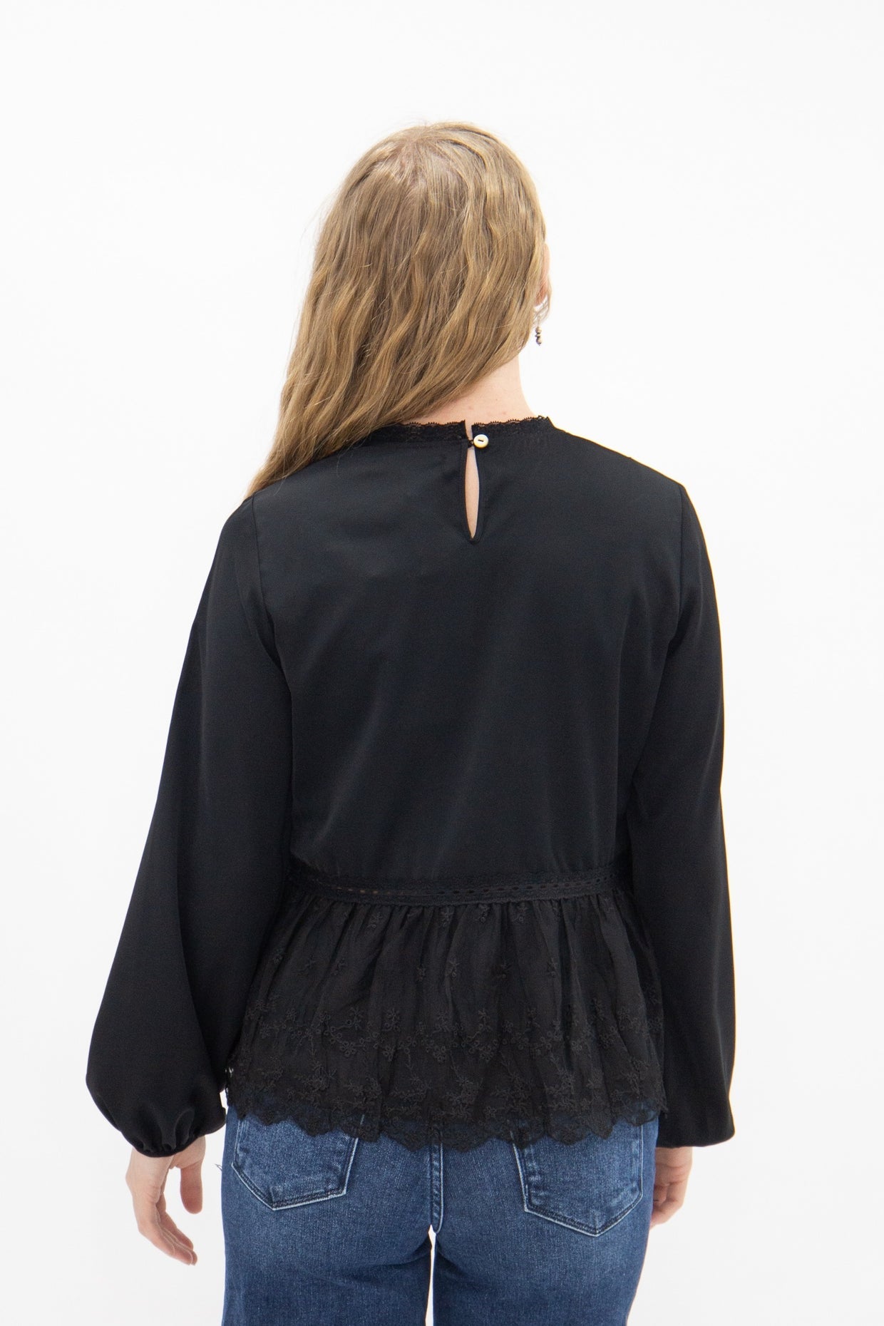 The Lisette High Neck Blouse with Lace Peplum - Black