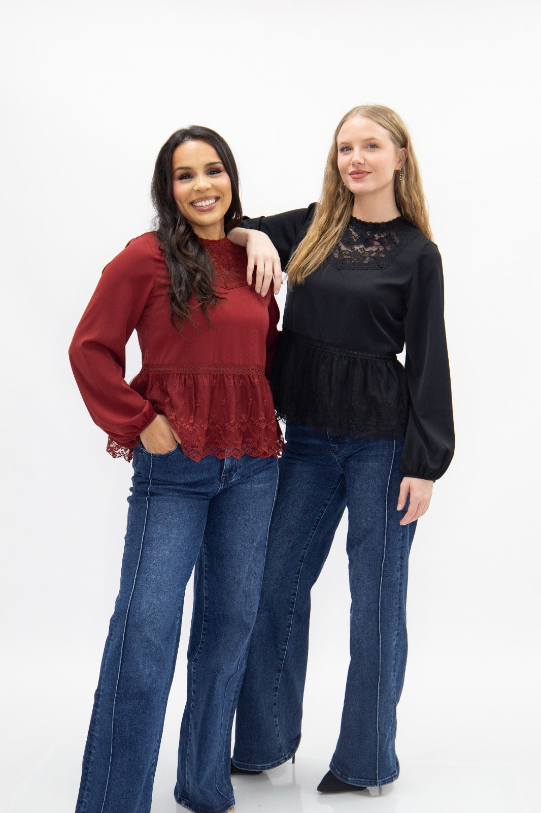 The Lisette High Neck Blouse with Lace Peplum - Maroon