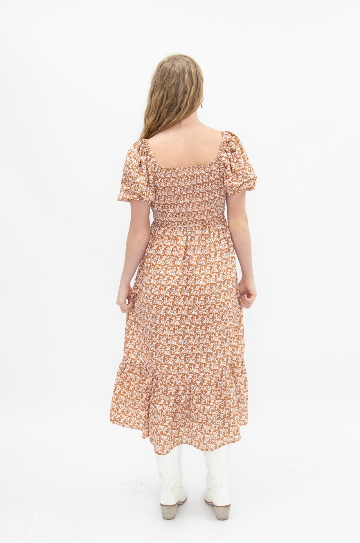 The Oakley Puff Sleeve Midi Dress - Rust Floral