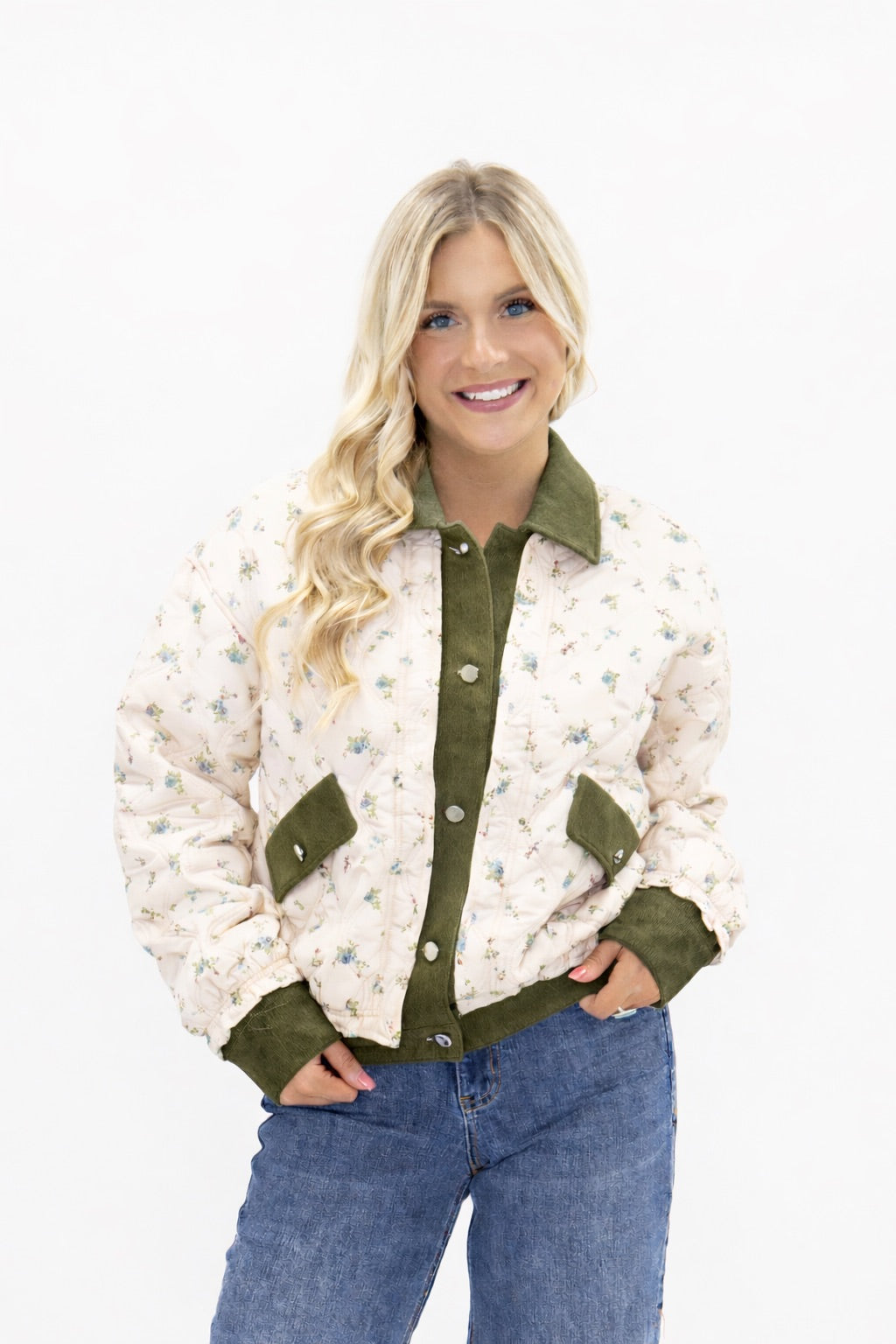 The Farrah Floral Puff Jacket with Corduroy Lining