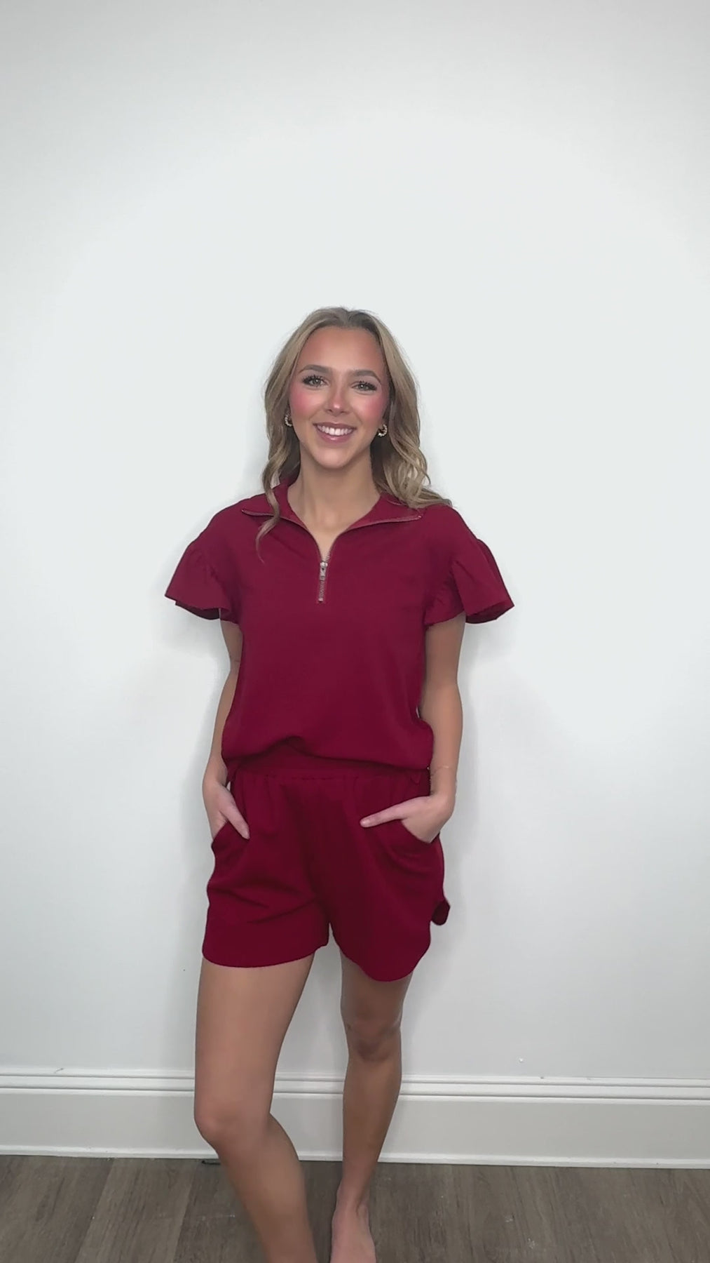 The Halee Quarter Zip w/ Flutter Sleeves - Maroon