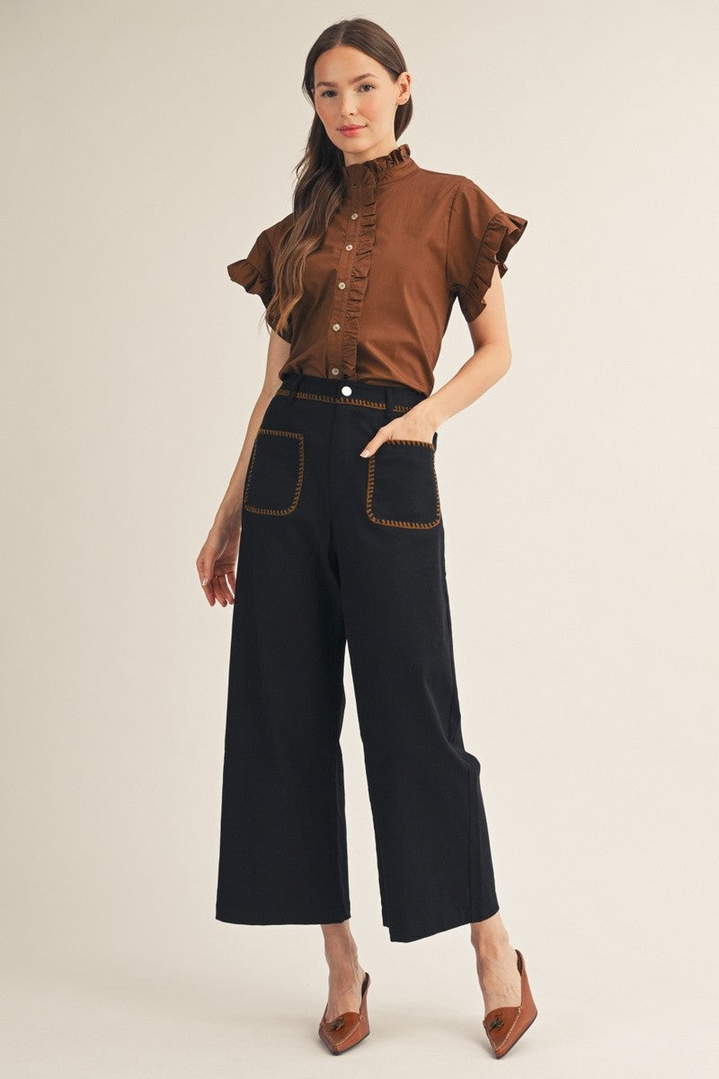 The Railey Stitch Accent Wide Leg Solid Pants - Black