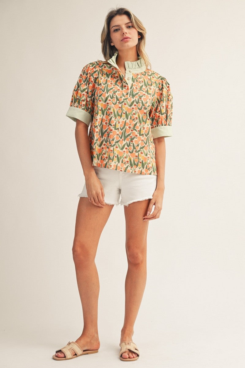 The Elley Stripe Contrast Detail Floral Top - Orange