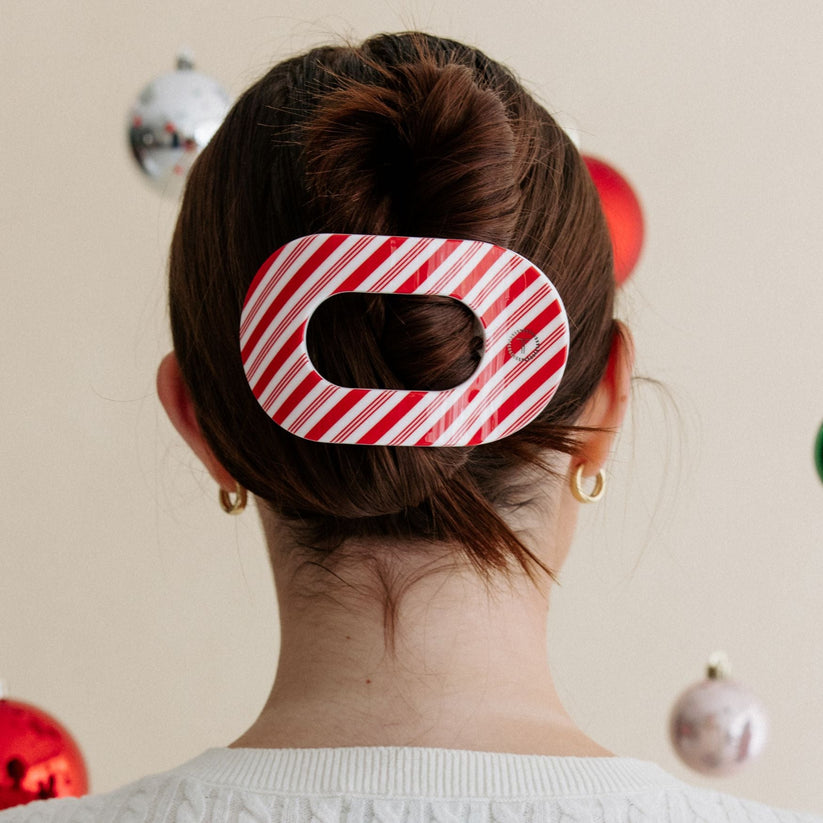 TELETIES - Large Flat Round Hair Clip - Candy Cane Crush