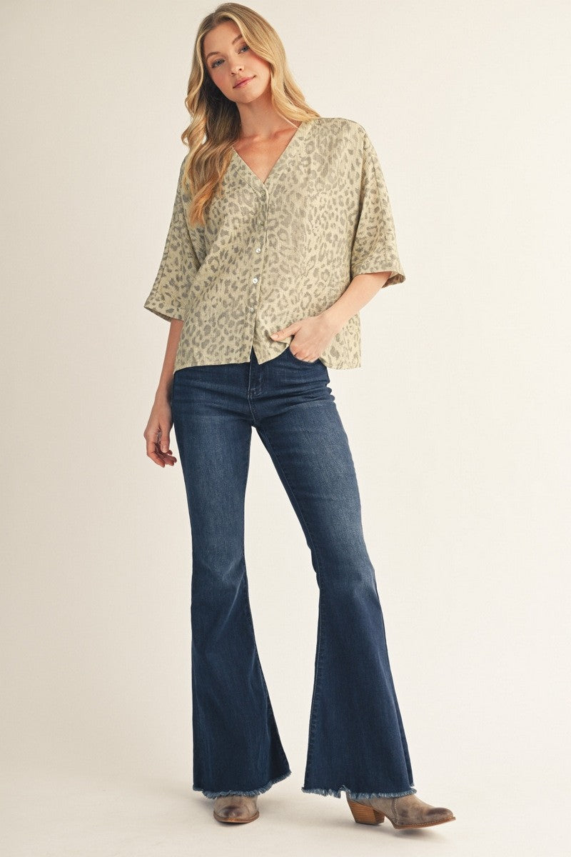 The Hayden Metallic Leopard Button Down Top - Dusty Sage