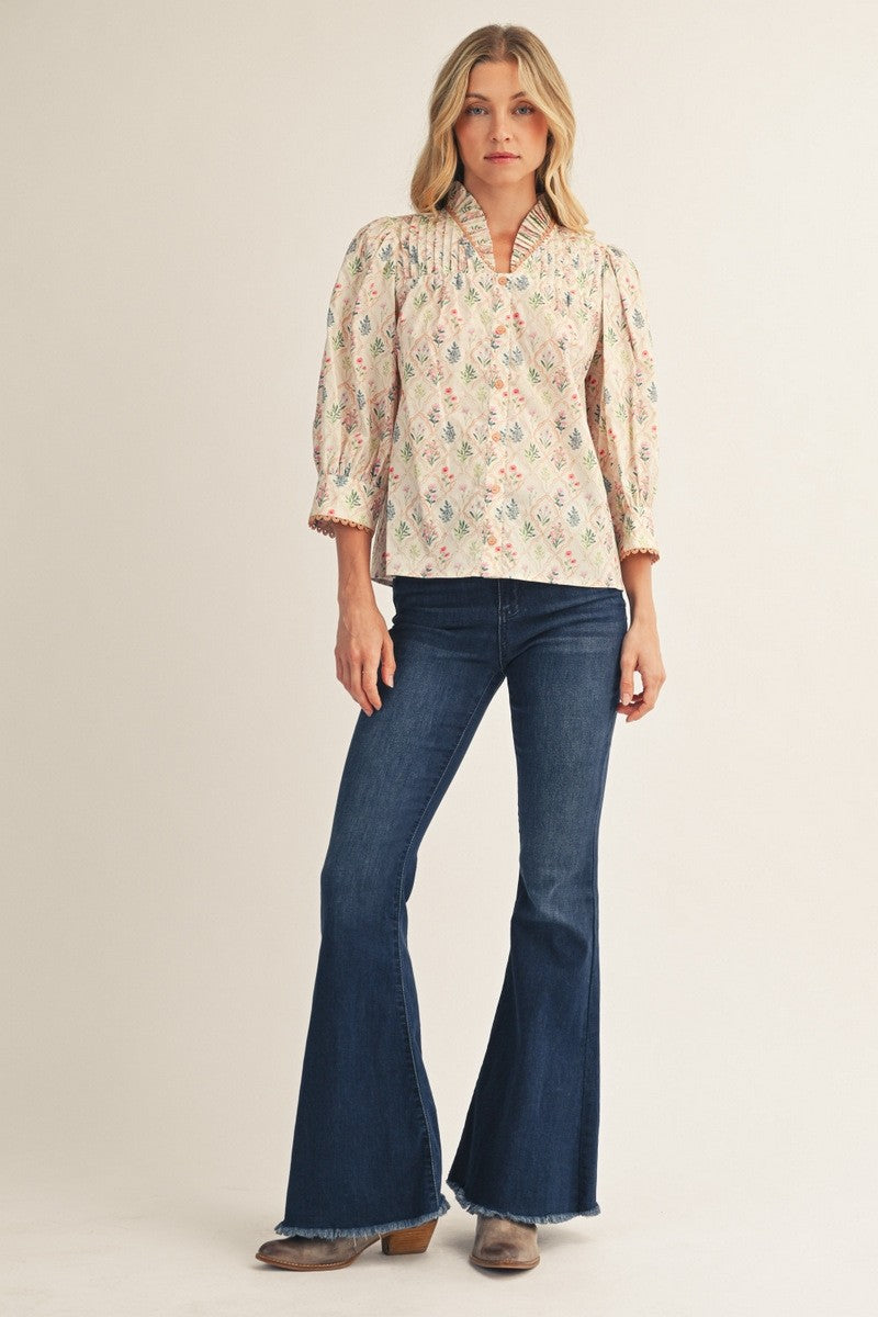 The Fauna Ruffle Neck Floral Pleated Top - Cream