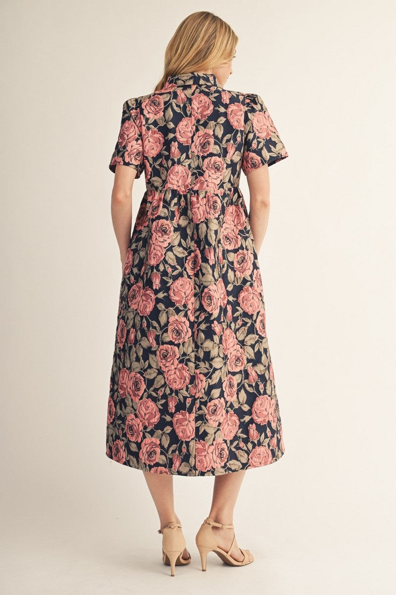 The Penelope Puff Shoulder Floral Jacquard Midi Dress - Navy