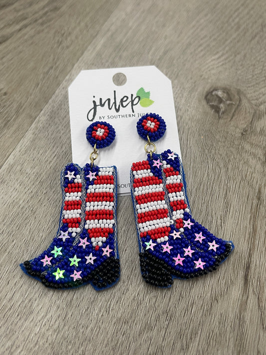 Stars & Stripes Seed Beaded Cowboy Boot Earrings