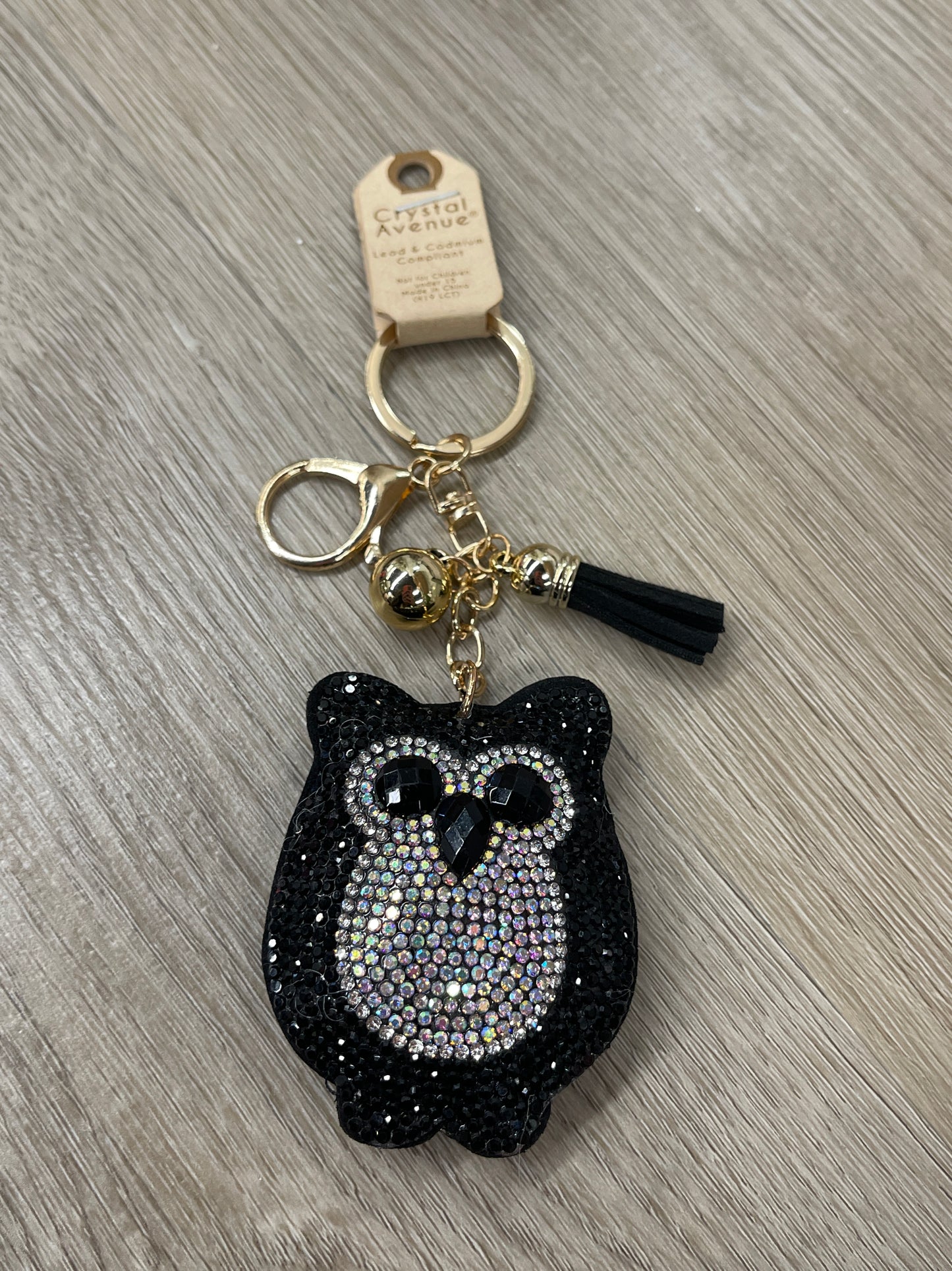 Black Silver Owl Crystal Puffy Keychain Purse Charm