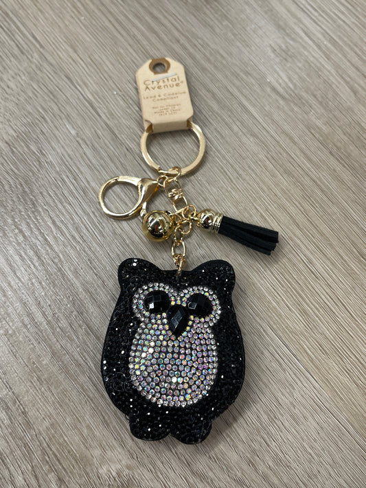 Black Silver Owl Crystal Puffy Keychain Purse Charm