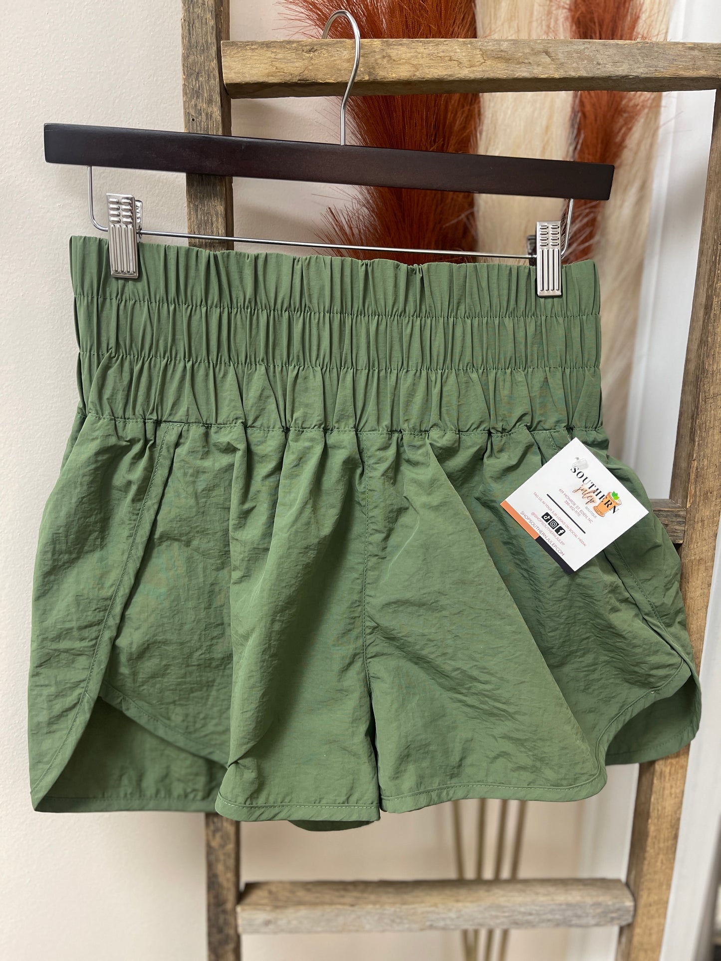 FINAL SALE - Olive Smocked High Waistband Windbreaker Running Shorts