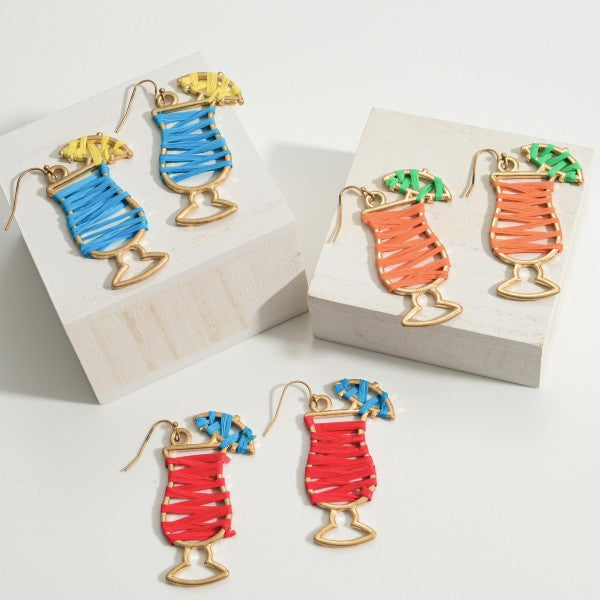 The Tropical Drink Raffia Wrapped Statement Earrings - Blue
