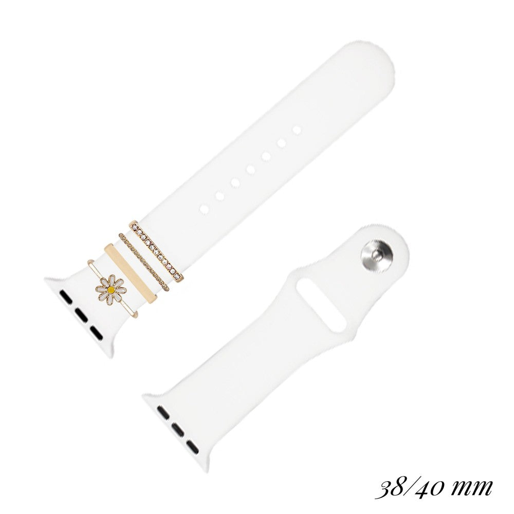 Luxe Rhinestone & Flower Charm White Silicone Apple Watch Band - 38/40 MM