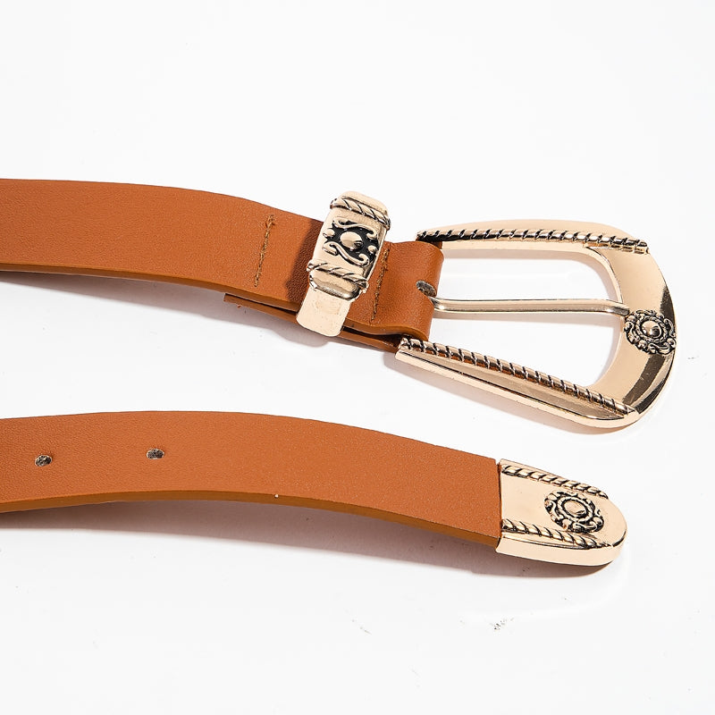 Engraved Buckle Faux Leather Western Belt - Gold Brown
