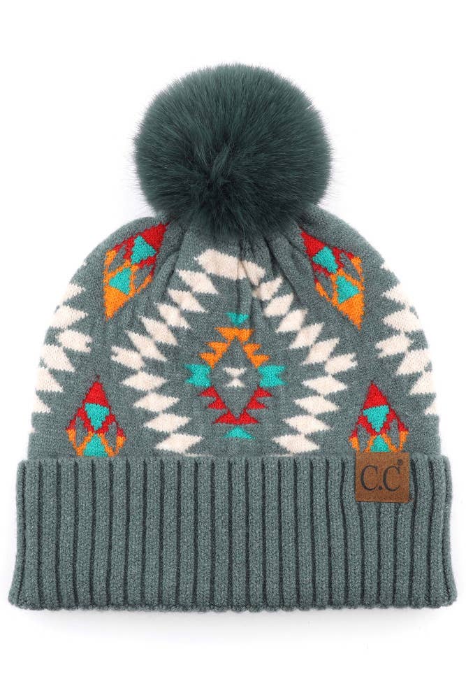 CC Beanie Aztec Print Knit Pom Beanie - HAT3001