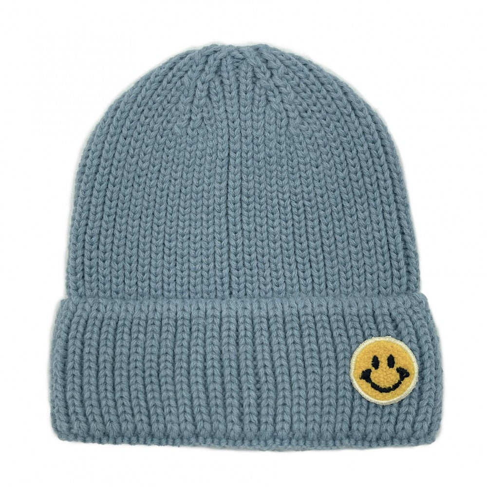 Smiley Face Patch Ribbed Knit Beanie - Asst. Colors