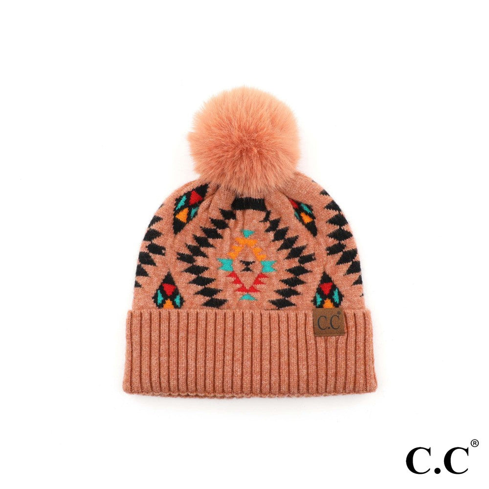 CC Beanie Aztec Print Knit Pom Beanie - HAT3001