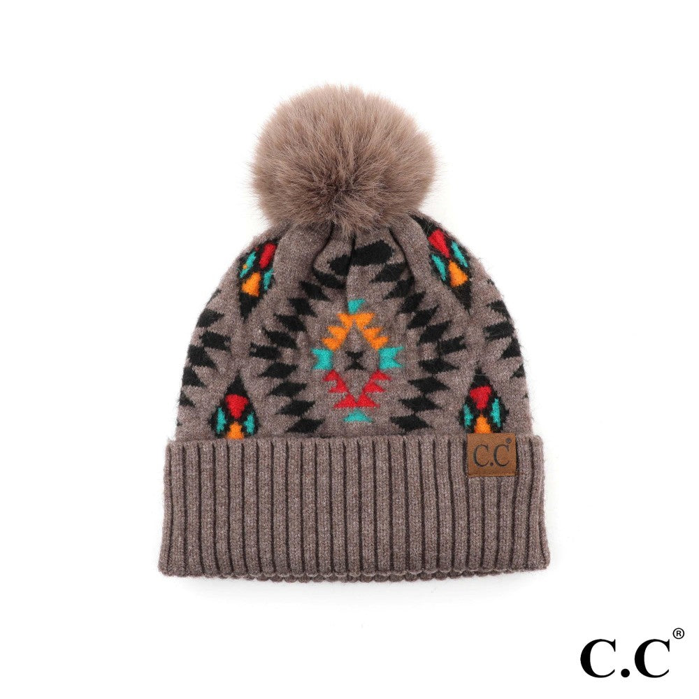 CC Beanie Aztec Print Knit Pom Beanie - HAT3001