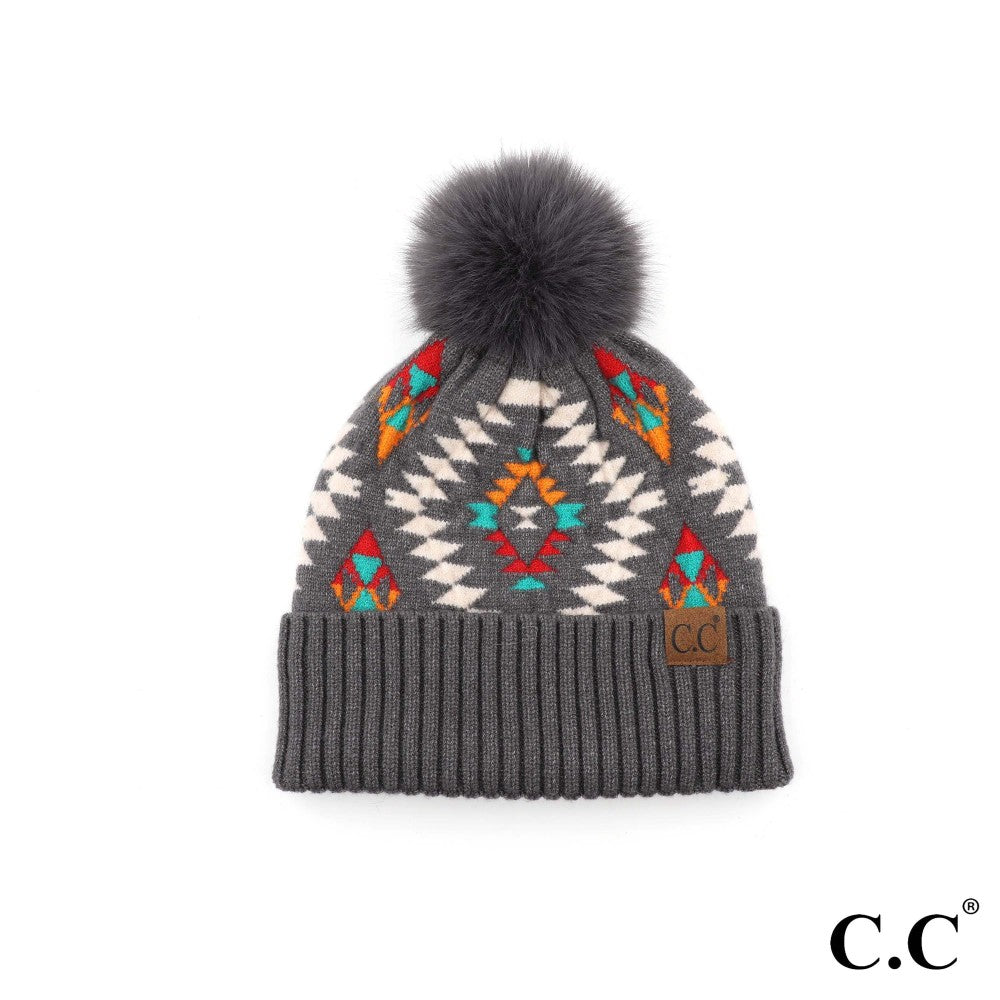 CC Beanie Aztec Print Knit Pom Beanie - HAT3001