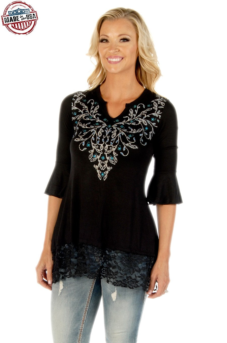 The Sapphira Rhinestone Hem Lace Tunic  - USA MADE