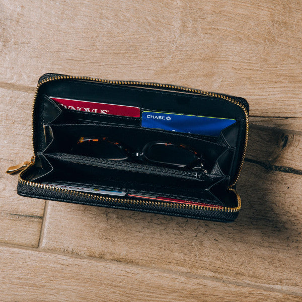Faux Leather Zippered Clutch Wallet - Navy