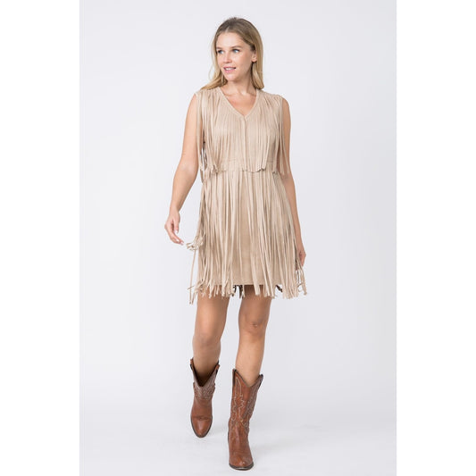 FINAL SALE - Vocal Taupe Suede Fringed Sleeveless Western Dress
