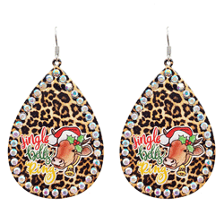 Jingle Bells Ring Cow Rhinestone Metal Teardrop Earrings - Leopard