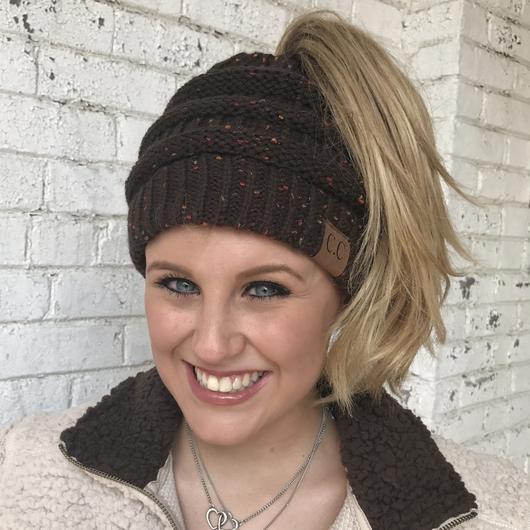 CC Beanie Messy Bun Speckled Confetti Beanie Tail Hat - MB33