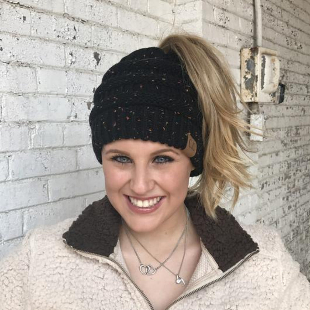 CC Beanie Messy Bun Speckled Confetti Beanie Tail Hat - MB33