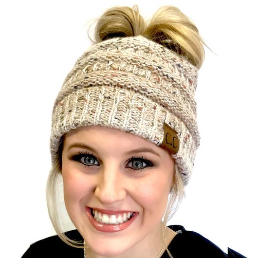 CC Beanie Messy Bun Ombre Speckled Hat - MB817