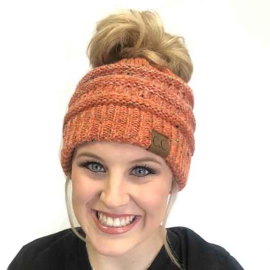 CC Beanie Messy Bun Ombre Speckled Hat - MB817