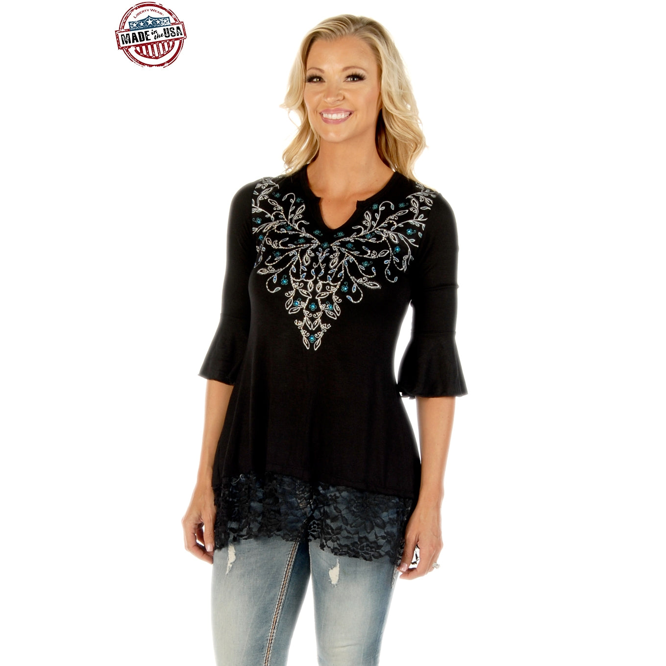 The Sapphira Rhinestone Hem Lace Tunic  - USA MADE