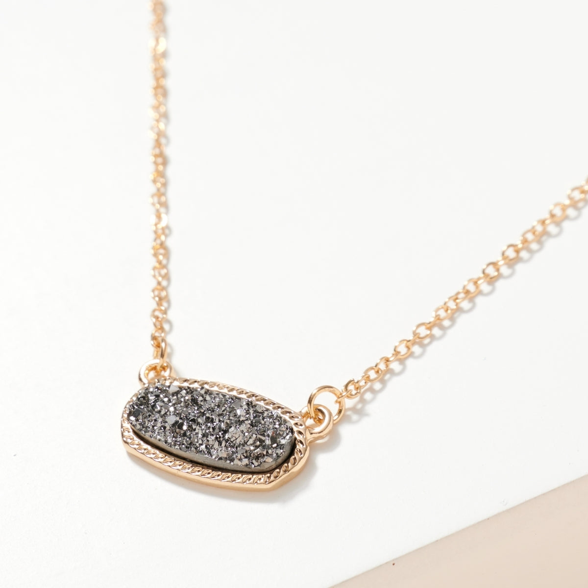 Dainty Oval Druzy Pendant Necklace - Hematite on Gold