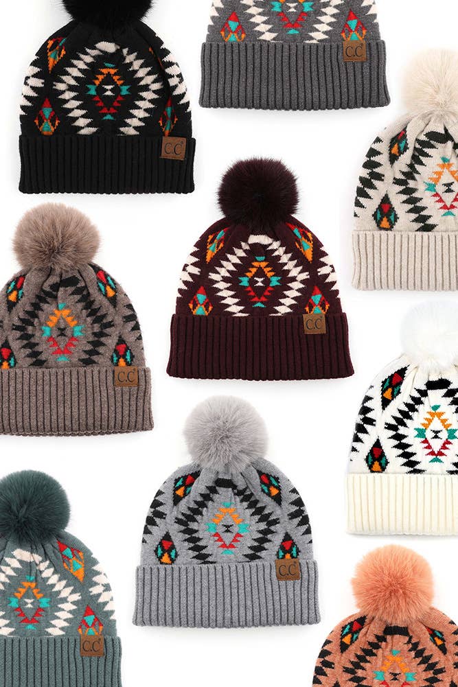 CC Beanie Aztec Print Knit Pom Beanie - HAT3001