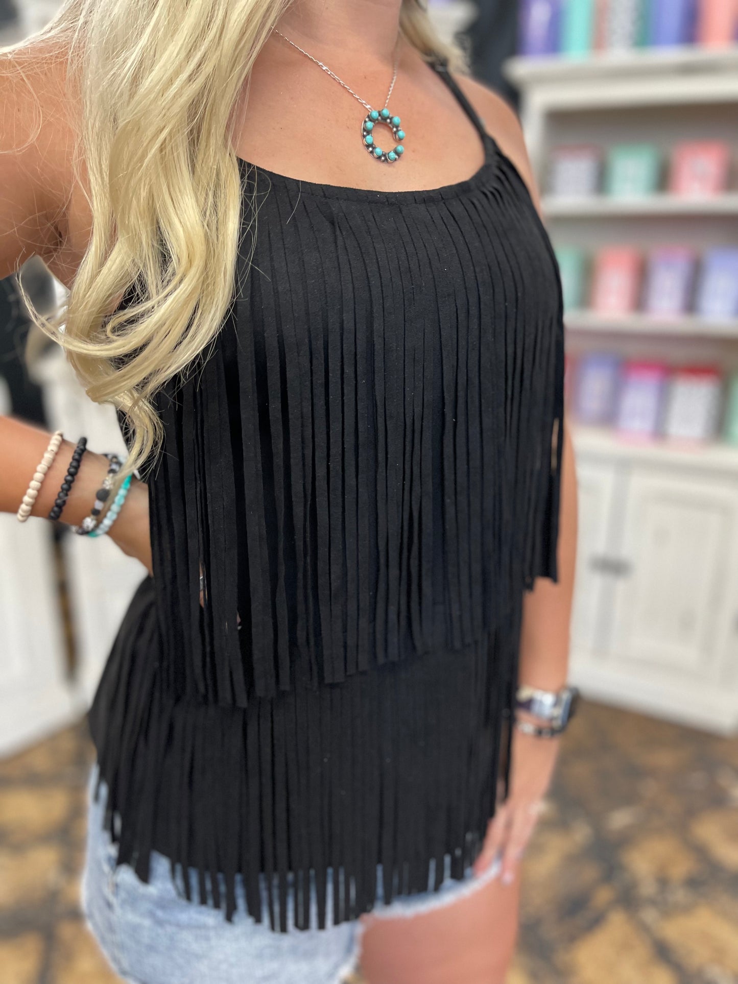 FINAL SALE - Black Suede Fringed Camisole