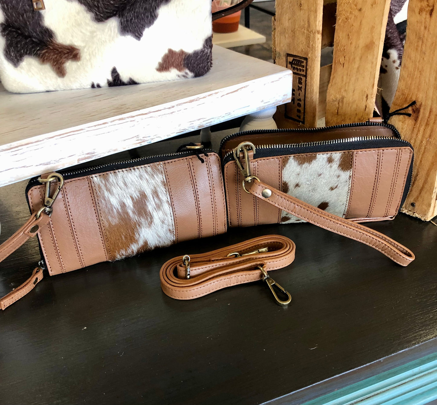 The Milly Genuine Leather & Cowhide Crossbody Wristlet Wallet - Coffee